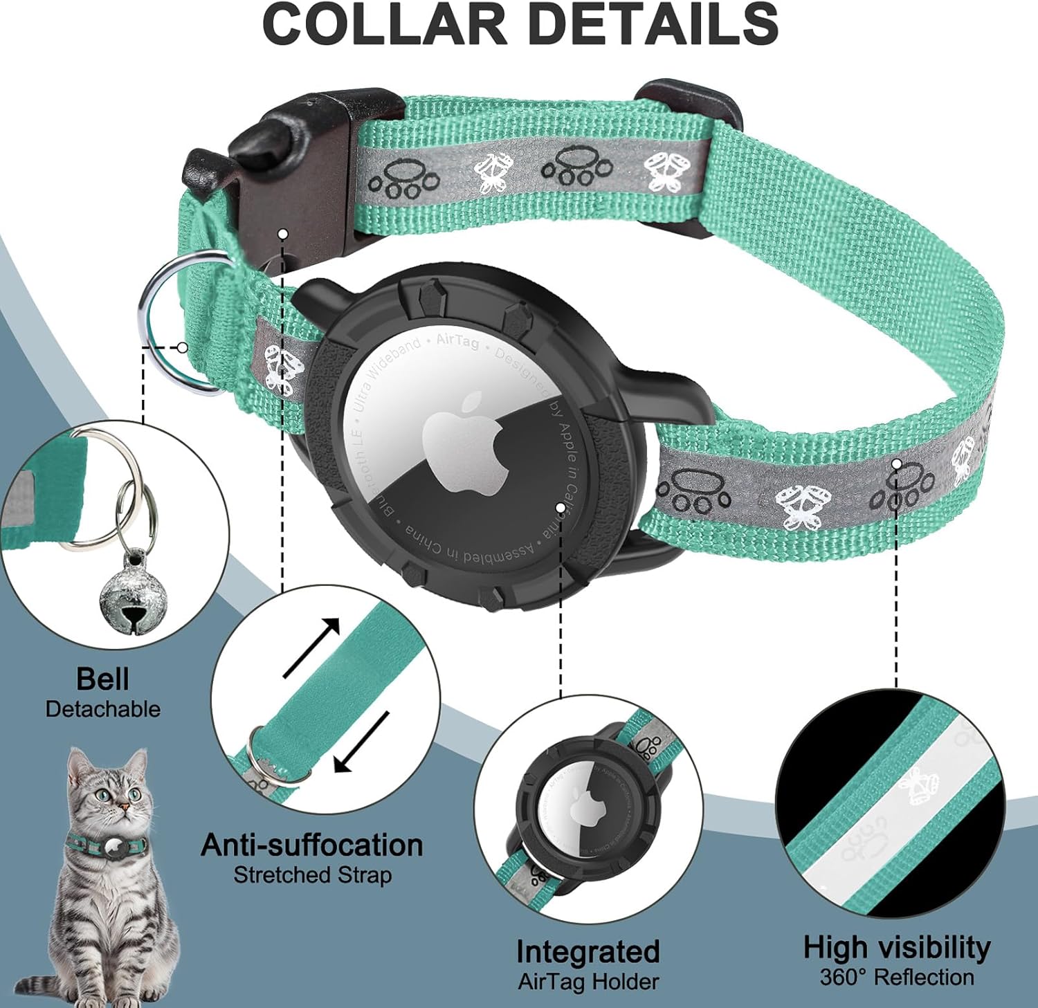 Reflective Airtag Cat Collar, Integrated Cat Tracker Collar with Air Tag Holder and Bell, Safety Elastic Band Cat GPS Collars for Girl Boy Cats, Kittens and Puppies (Green, XS)