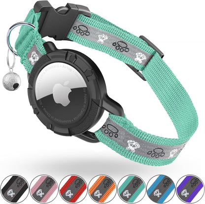 Reflective Airtag Cat Collar, Integrated Cat Tracker Collar with Air Tag Holder and Bell, Safety Elastic Band Cat GPS Collars for Girl Boy Cats, Kittens and Puppies (Green, XS)